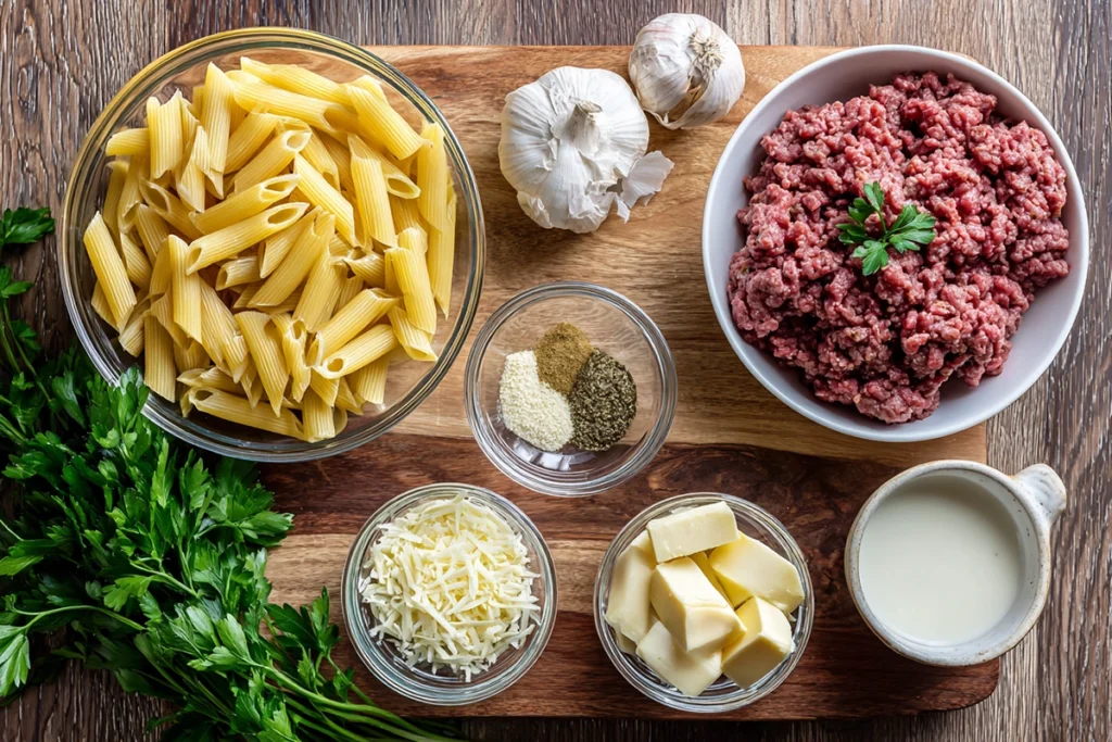 Cheesy Penne with Garlic Butter Ground Beef Ingredients