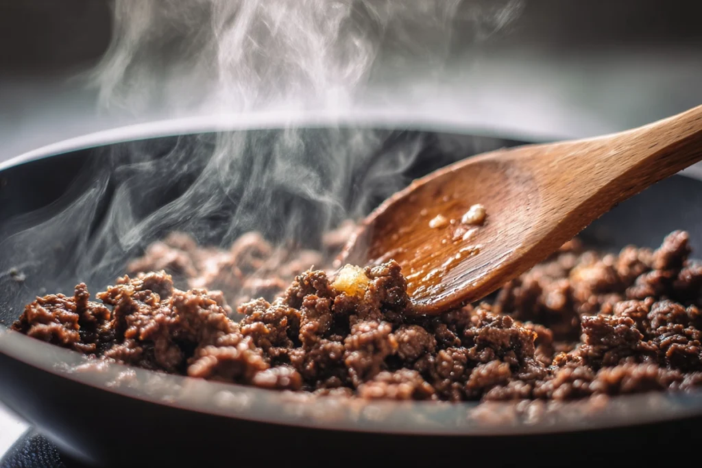 Cheesy Penne with Garlic Butter Ground Beef – Browning the Beef