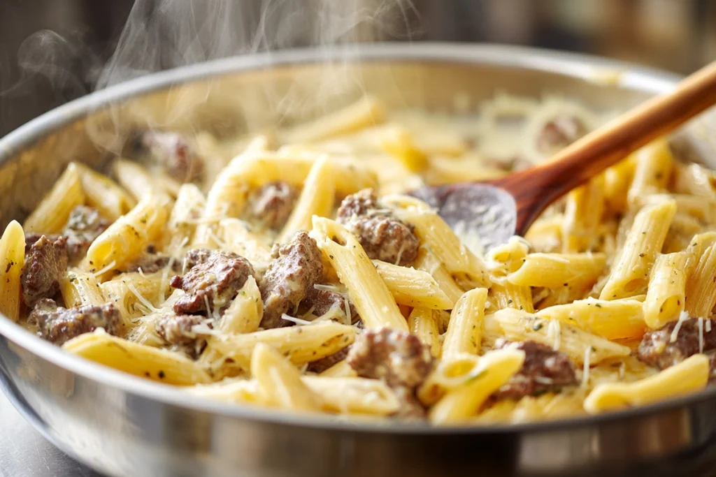 Cheesy Penne with Garlic Butter Ground Beef – Tossing Pasta in Sauce