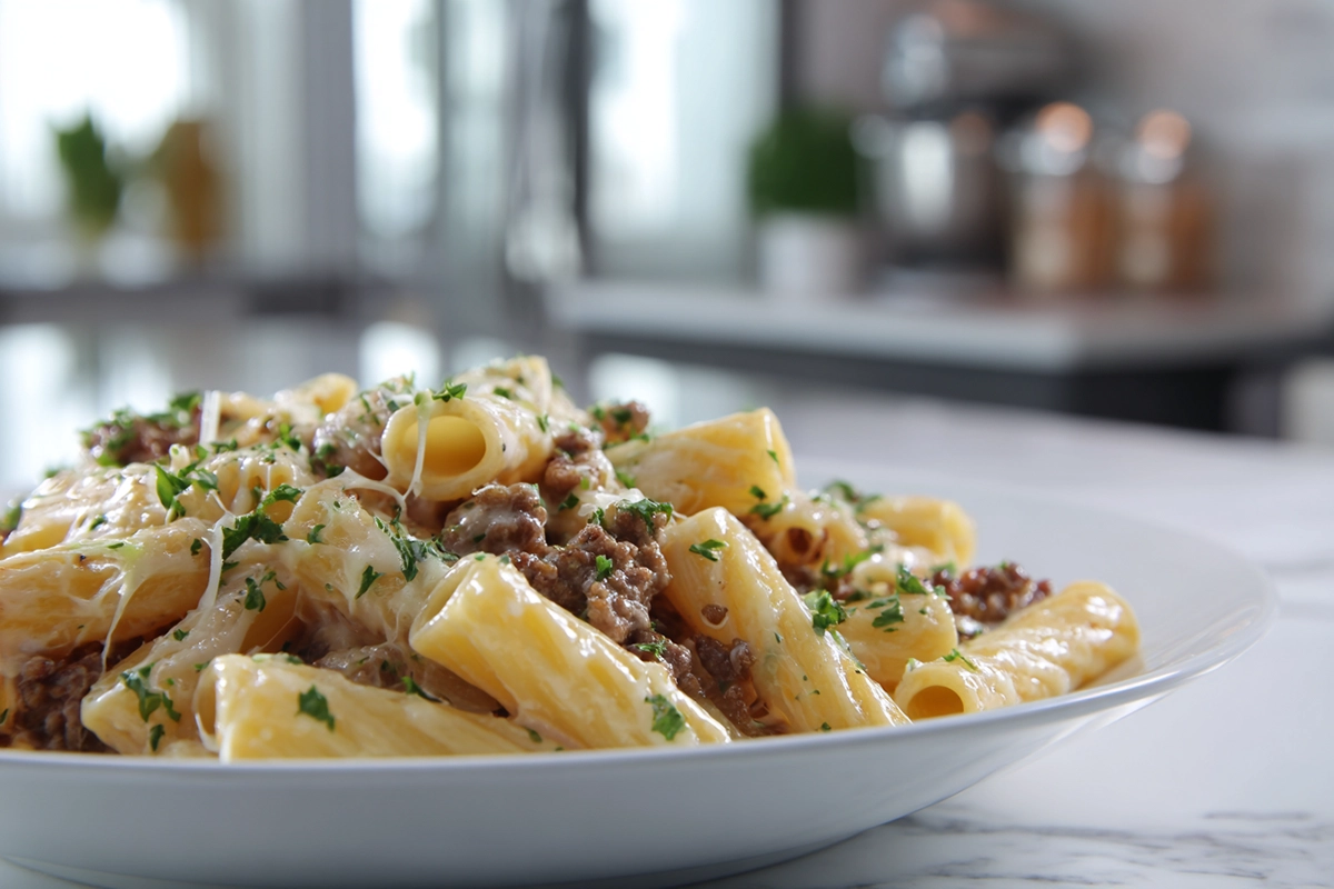 Cheesy Penne with Garlic Butter Ground Beef