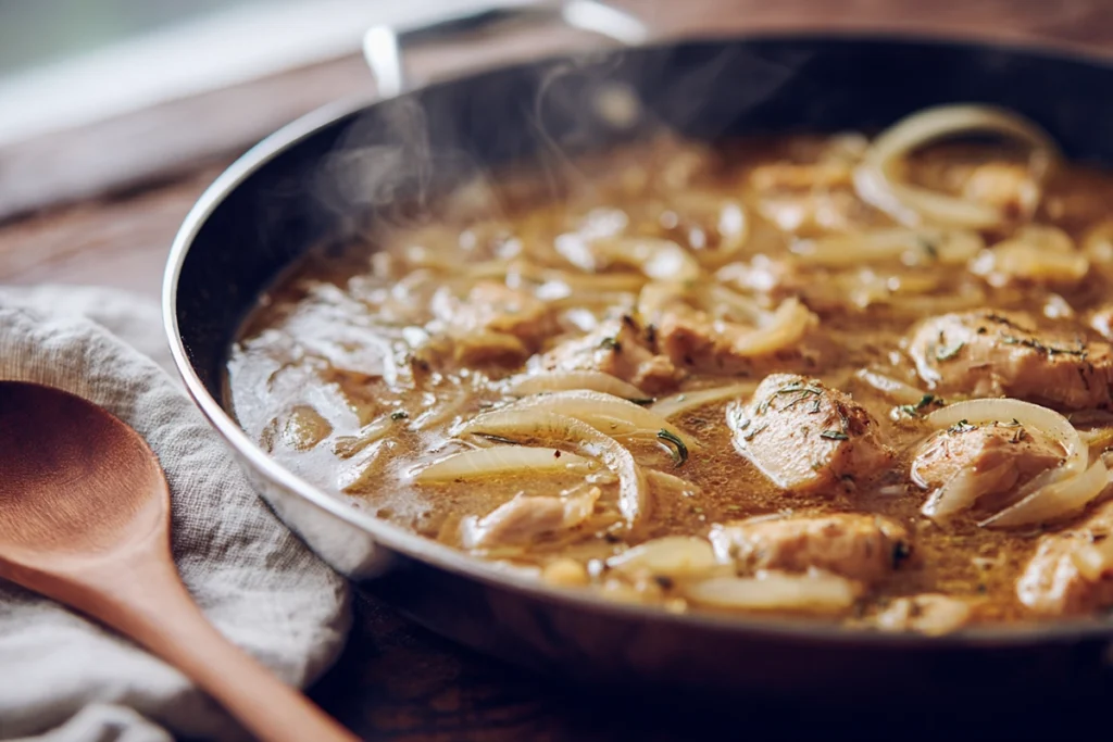 Oyakodon Simmering the Chicken and Onion