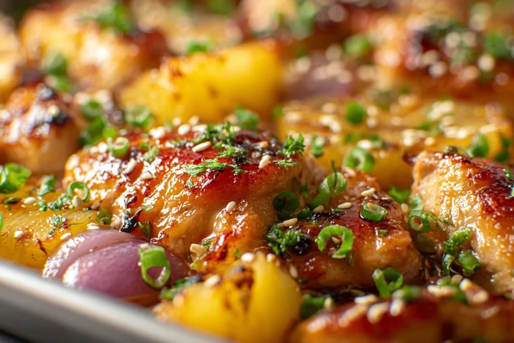 Hawaiian Chicken Sheet Pan: A Sweet and Savory One-Pan Dinner 9 Close-up of caramelized Hawaiian Chicken Sheet Pan showing glazed chicken and roasted pineapple with sesame seeds
