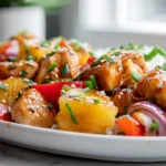 Hawaiian Chicken Sheet Pan plated with pineapple, bell peppers, and sesame seeds in bright natural kitchen light