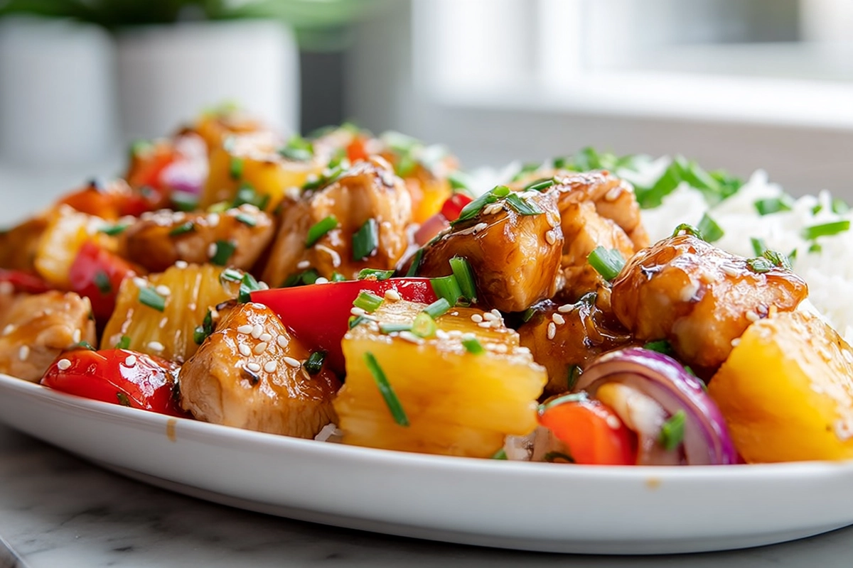 Hawaiian Chicken Sheet Pan plated with pineapple, bell peppers, and sesame seeds in bright natural kitchen light