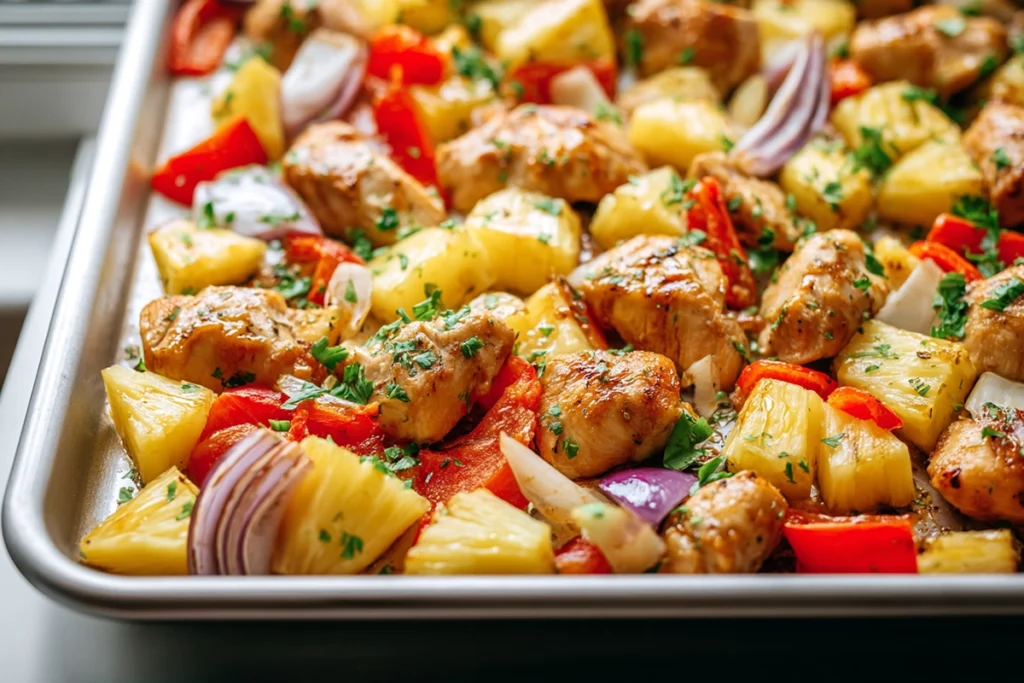Hawaiian Chicken Sheet Pan: A Sweet and Savory One-Pan Dinner 8 Hawaiian Chicken Sheet Pan ready to bake with marinated chicken, pineapple, and vegetables on parchment-lined pan