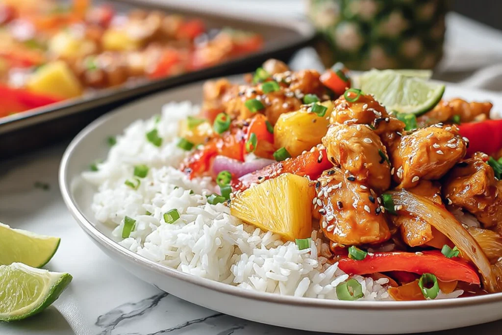 Hawaiian Chicken Sheet Pan: A Sweet and Savory One-Pan Dinner 10 Hawaiian Chicken Sheet Pan served over jasmine rice with lime wedge and sesame seeds in natural kitchen lighting
