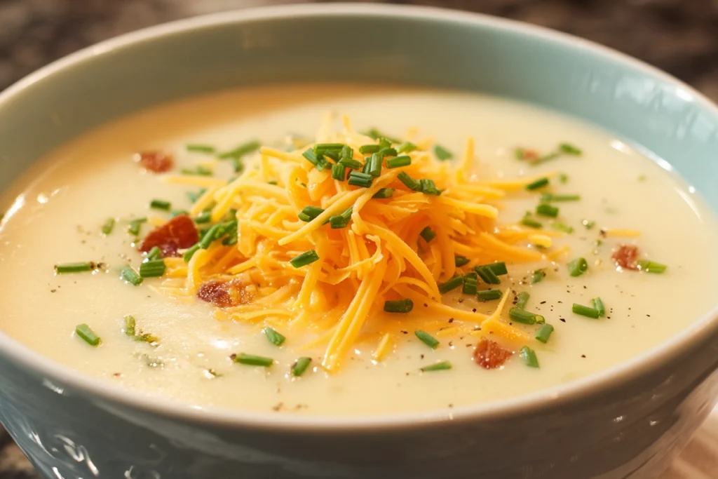bowl of paula deen crockpot potato soup topped with cheddar and chives