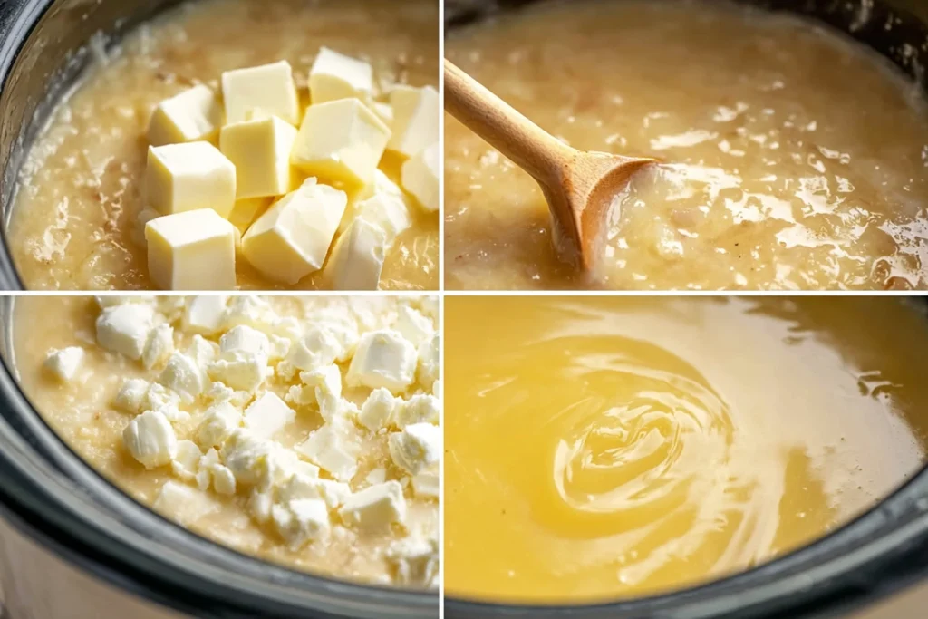 close-up of cream cheese melting into Paula Deen’s Crockpot Potato Soup inside the slow cooker