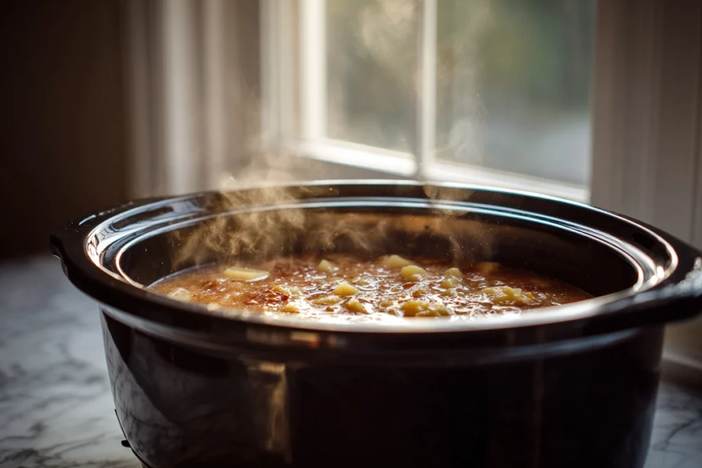creamy Paula Deen’s Crockpot Potato Soup simmering in a black slow cooker under natural daylight