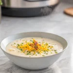 creamy bowl of Paula Deen’s Crockpot Potato Soup garnished with cheddar, and chives in a modern kitchen