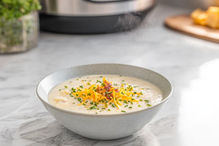 creamy bowl of Paula Deen’s Crockpot Potato Soup garnished with cheddar, and chives in a modern kitchen