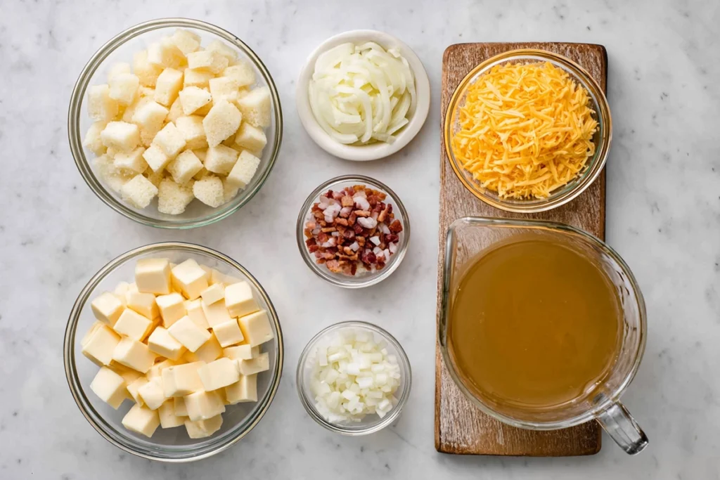 overhead view of Paula Deen’s Crockpot Potato Soup ingredients arranged in glass bowls and on a wooden board