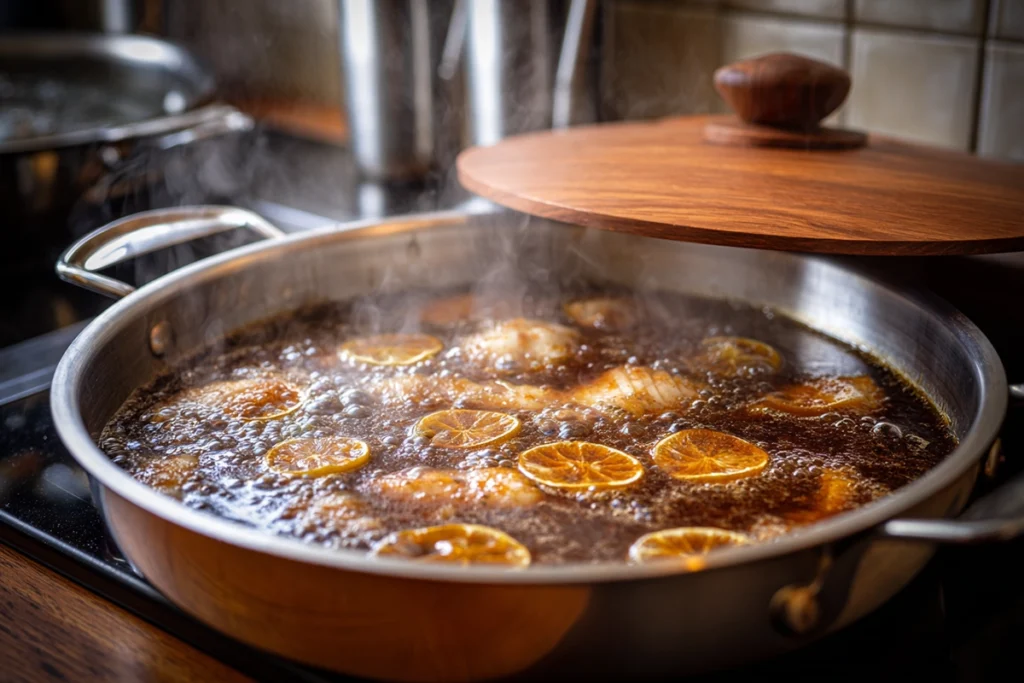 Close-up of Japanese Simmered Fish cooking in soy-mirin broth with ginger slices and steam rising in a modern kitchen setting.