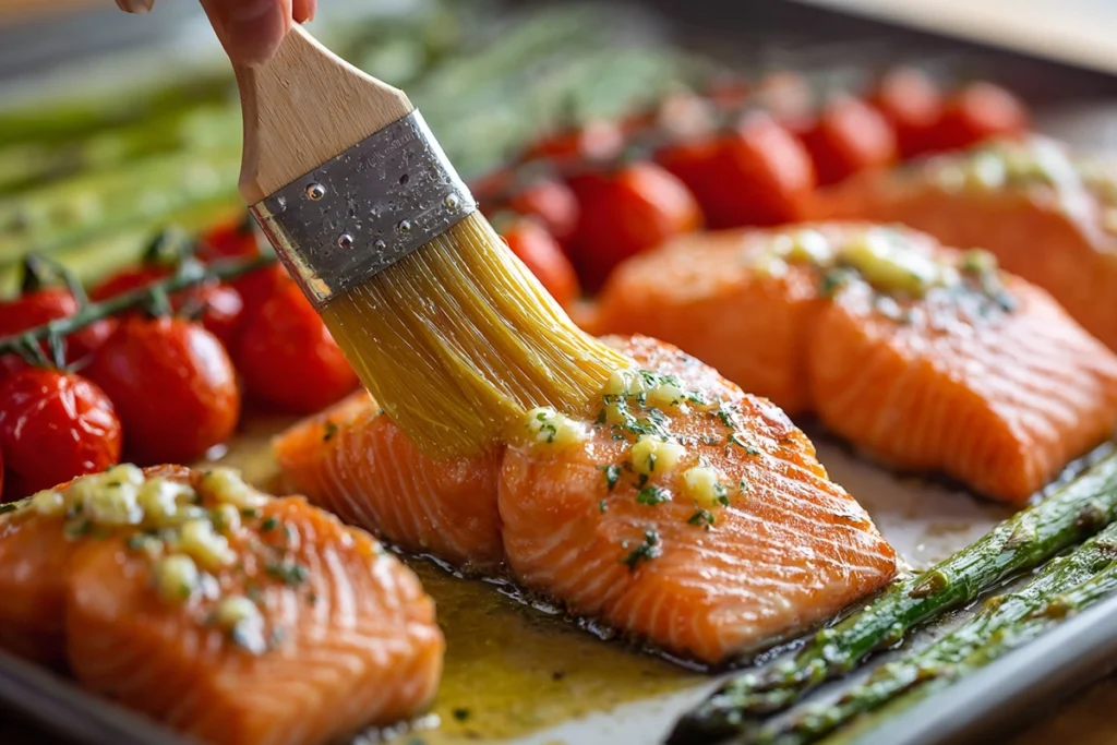Overhead shot of fresh ingredients for Sheet Pan Lemon Garlic Butter Salmon — salmon fillets, lemon, garlic, herbs, and vegetables in glass bowls.