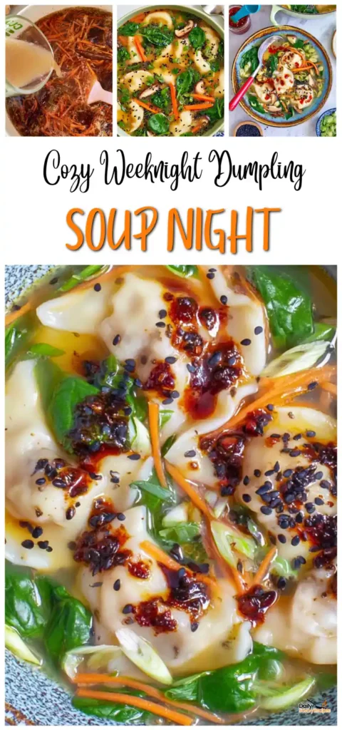 Dumpling Soup recipe with mushrooms, spinach, ginger, carrots, and frozen vegetable dumplings