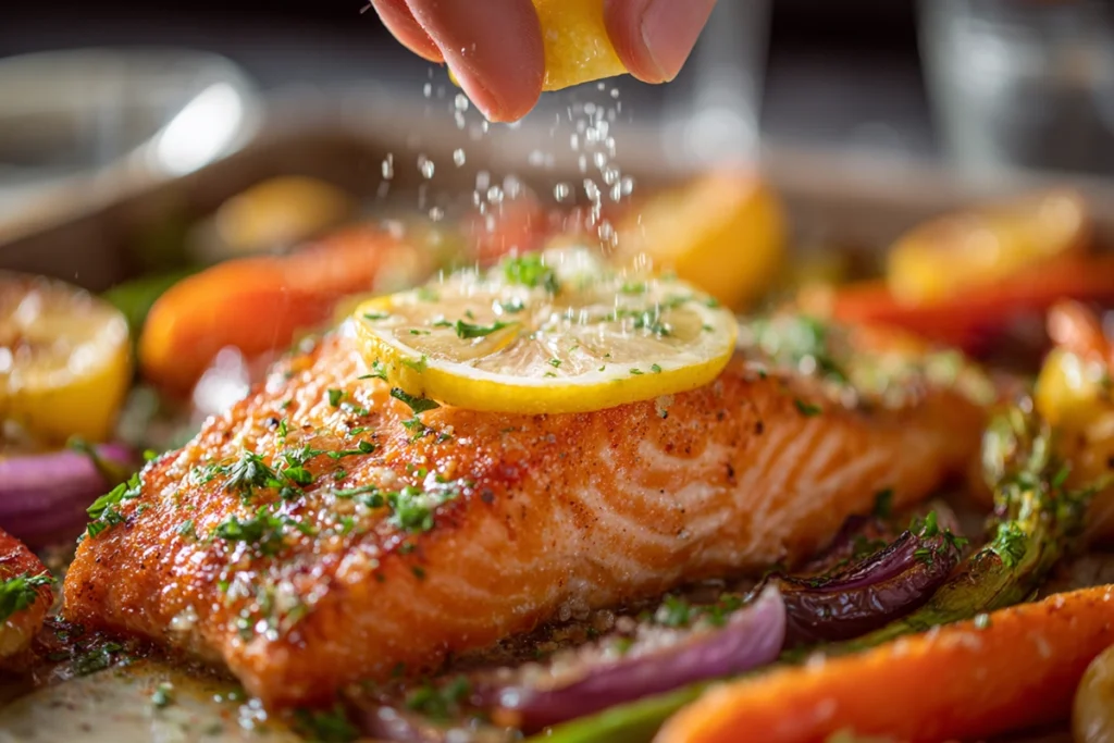 Hand squeezing lemon over baked Sheet Pan Lemon Garlic Butter Salmon with roasted vegetables and fresh herbs in natural light.