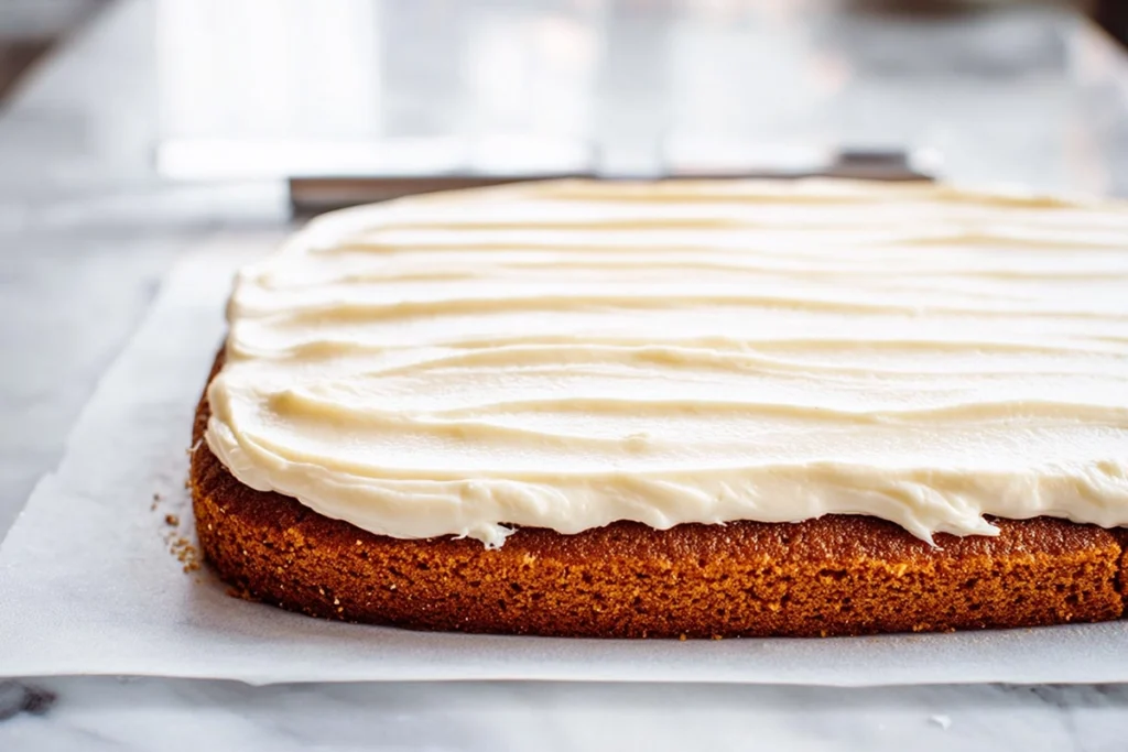 spreading cream cheese filling over pumpkin cake for fall pumpkin spice roll cake