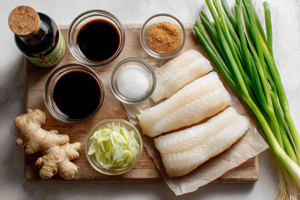 Overhead image of Japanese Simmered Fish ingredients including fish fillets, soy sauce, mirin, sake, ginger, and scallions arranged on a wooden board in a modern kitchen.