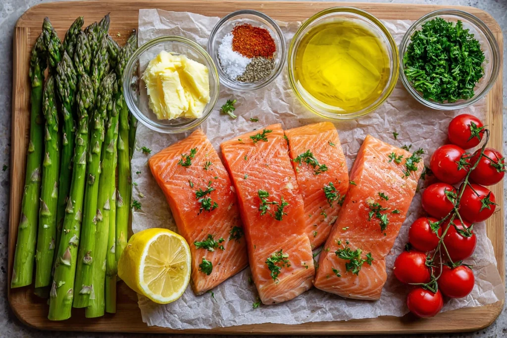 Overhead shot of fresh ingredients for Sheet Pan Lemon Garlic Butter Salmon — salmon fillets, lemon, garlic, herbs, and vegetables in glass bowls.