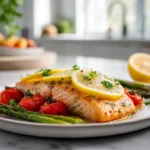 Perfectly plated Sheet Pan Lemon Garlic Butter Salmon with lemon slices and herbs on a marble counter in bright natural daylight.