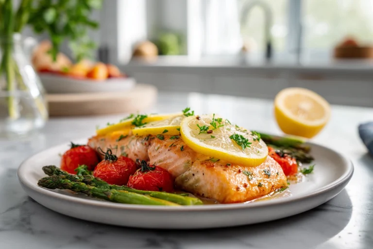 Perfectly plated Sheet Pan Lemon Garlic Butter Salmon with lemon slices and herbs on a marble counter in bright natural daylight.