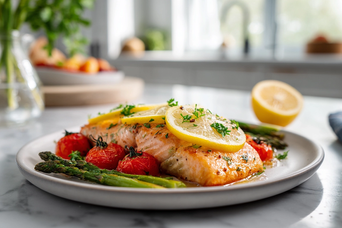 Perfectly plated Sheet Pan Lemon Garlic Butter Salmon with lemon slices and herbs on a marble counter in bright natural daylight.