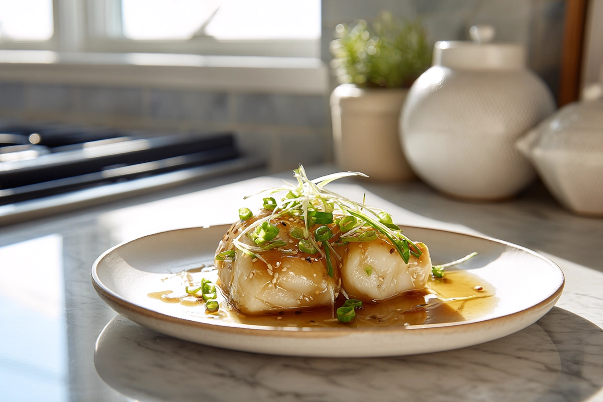 Photorealistic image of Japanese Simmered Fish (Sakana no Nitsuke) plated with soy-mirin glaze and ginger garnish in a modern kitchen under natural light.