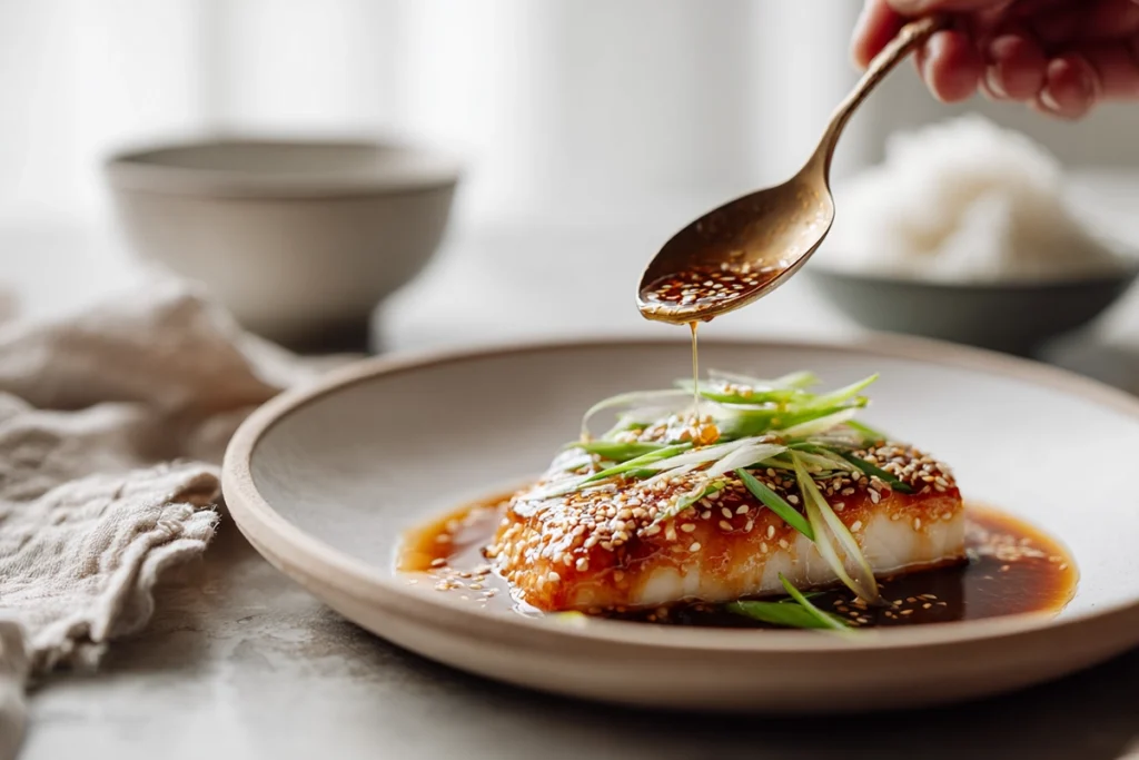 Photorealistic image of Japanese Simmered Fish being garnished with soy-mirin glaze and scallions on a white plate in bright natural light.