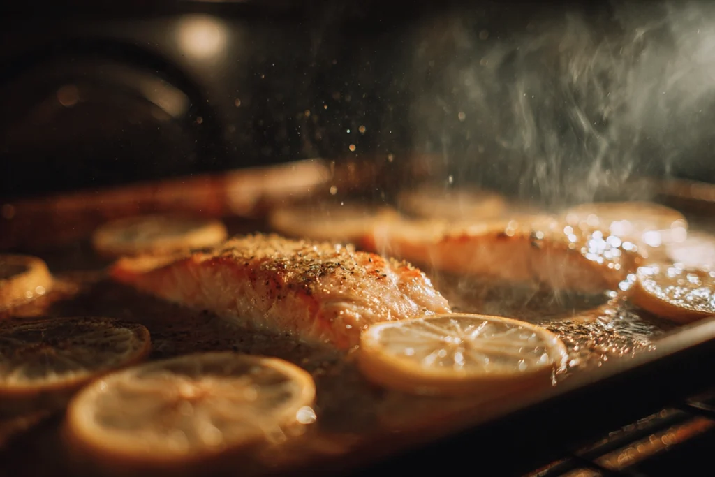 Photorealistic view of lemon garlic butter salmon baking in the oven with golden light and gentle steam.