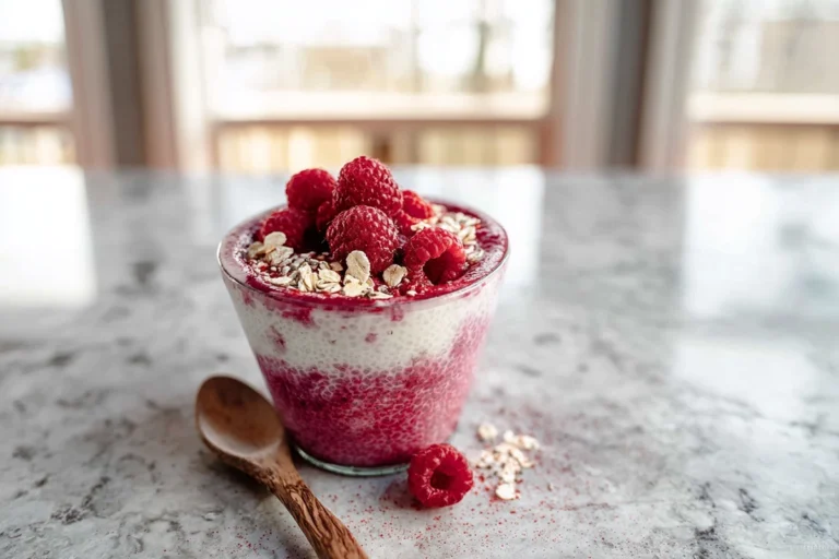 Raspberry Chia Pudding served in a glass jar with fresh raspberries and granola