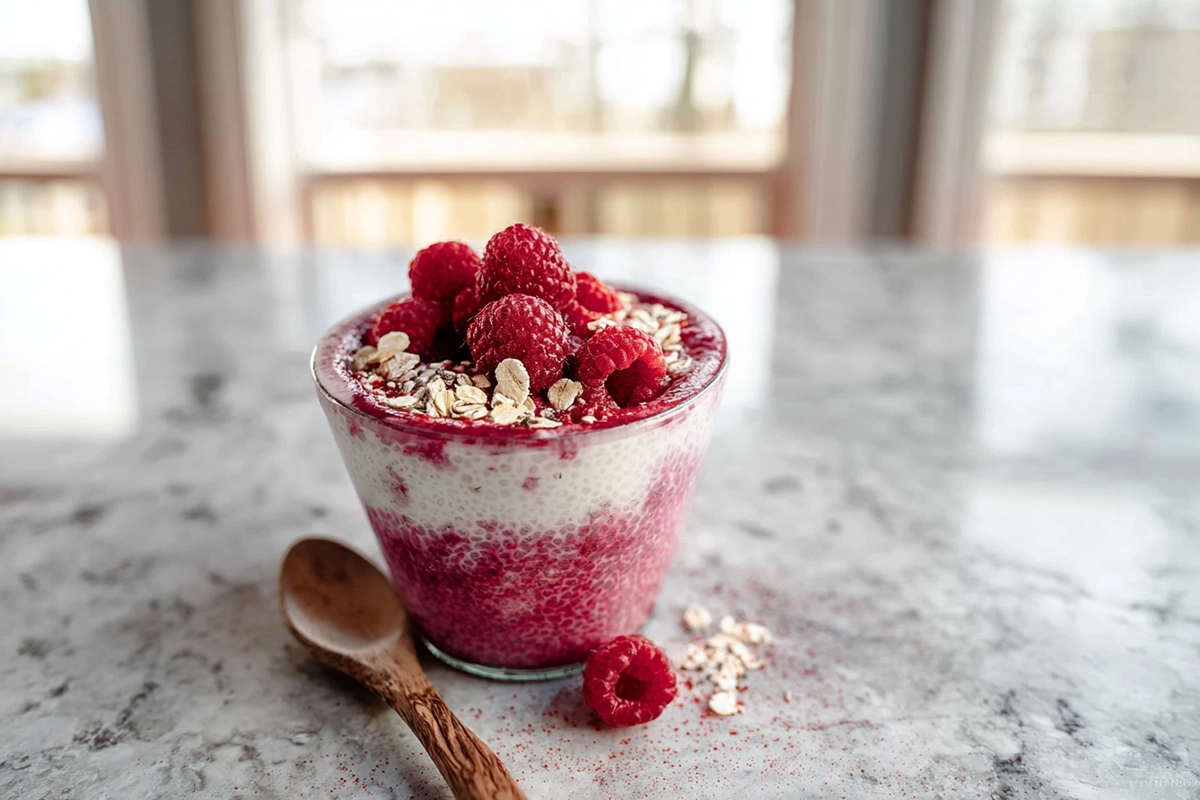 Raspberry Chia Pudding served in a glass jar with fresh raspberries and granola