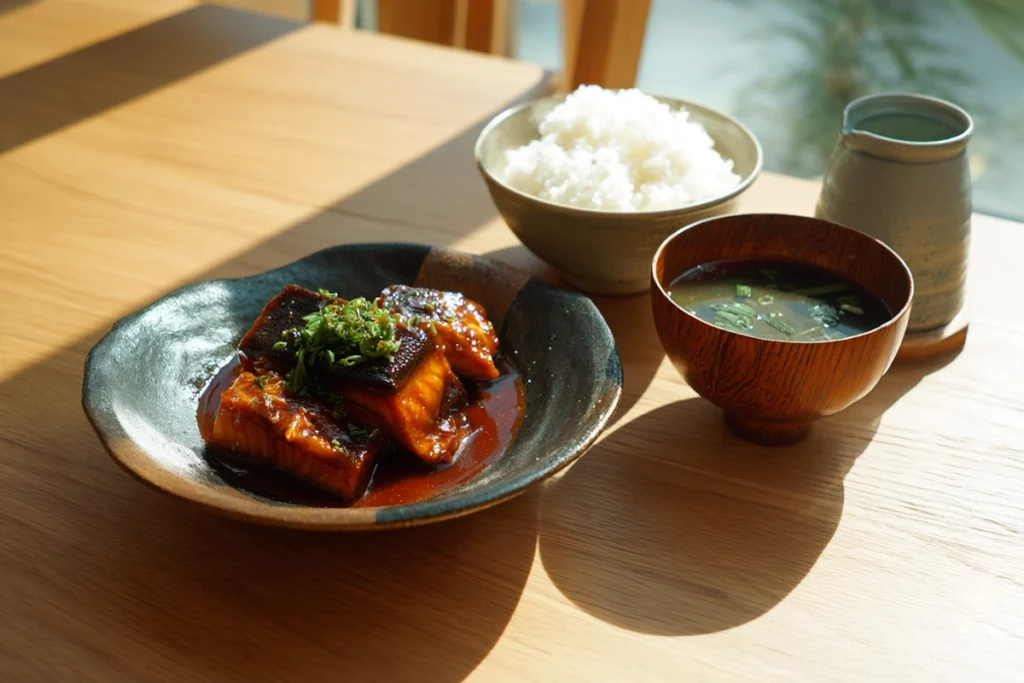Wide shot of Japanese Simmered Fish served with rice and miso soup on a minimalist dining table in bright, natural daylight.