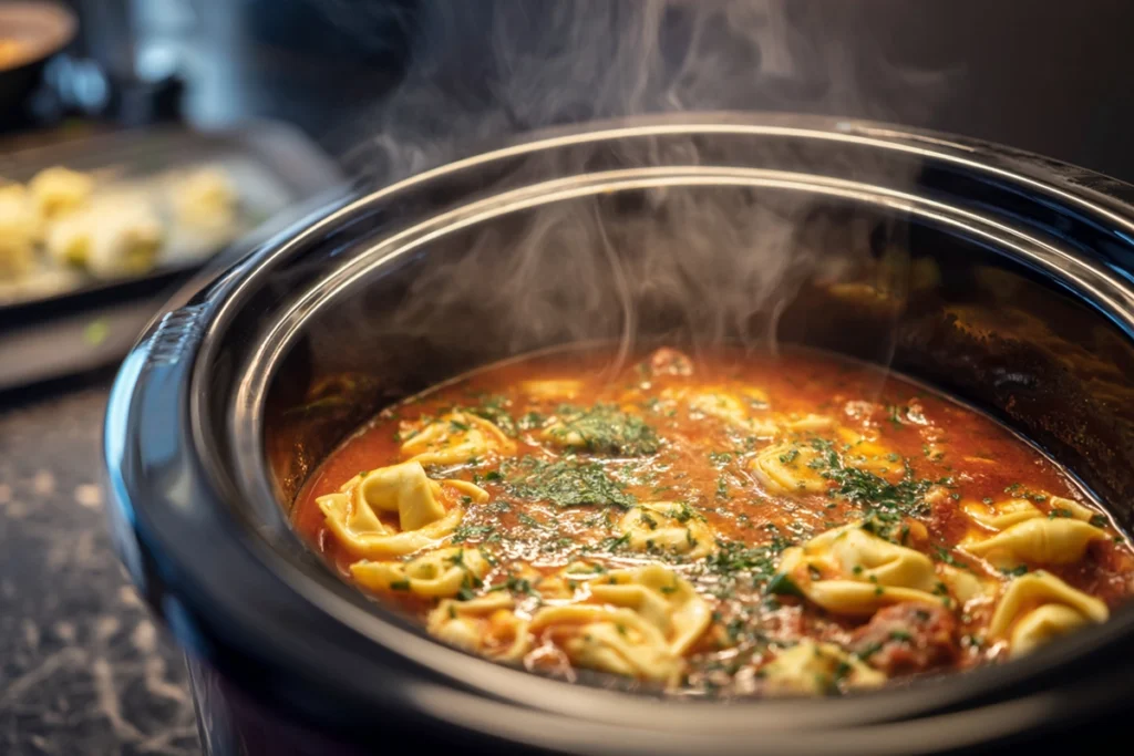 close-up of tortellini and spinach being added to crockpot sausage soup in modern kitchen