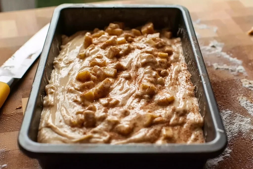 Batter layering and cinnamon swirl process for Amish Apple Fritter Bread captured mid-prep.