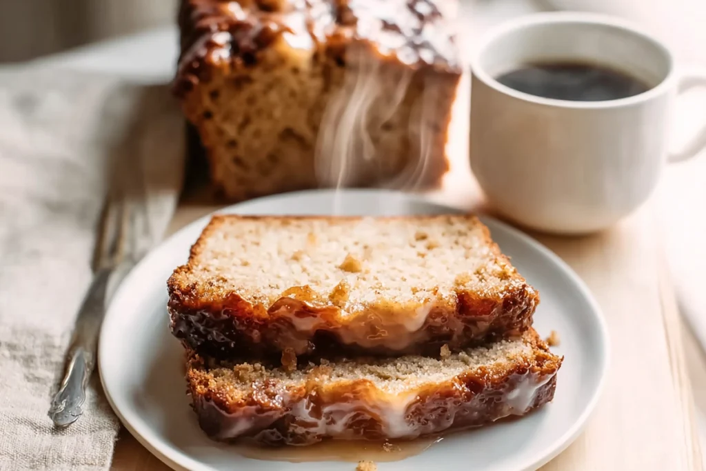 photorealistic breakfast scene with Amish Apple Fritter Bread slices and coffee on marble counter