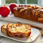 photorealistic image of Amish Apple Fritter Bread sliced loaf with glaze on modern kitchen counter