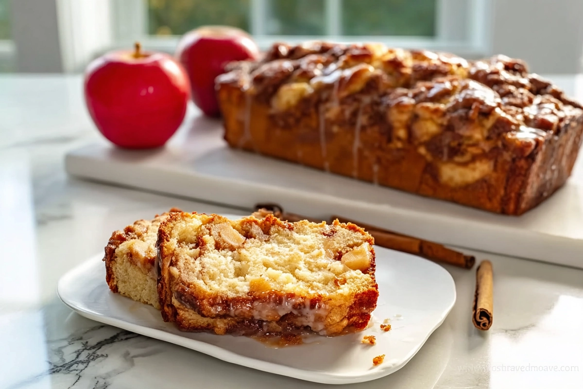 photorealistic image of Amish Apple Fritter Bread sliced loaf with glaze on modern kitchen counter