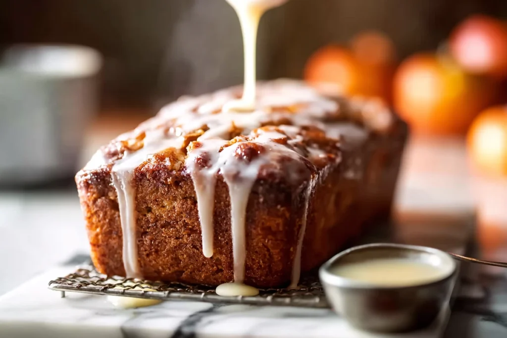 photorealistic image of freshly baked Amish Apple Fritter Bread cooling with glaze dripping on rack