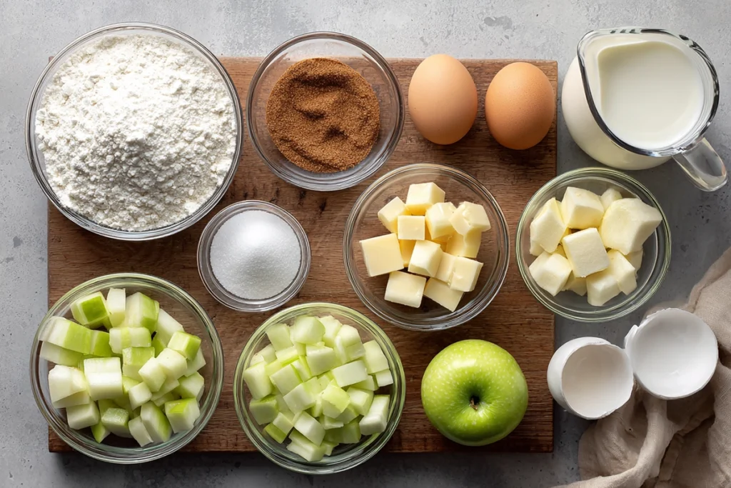 overhead view of Amish Apple Fritter Bread ingredients on wooden board in modern kitchen