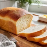 Freshly baked Amish white bread loaf sliced on a wooden board in modern kitchen