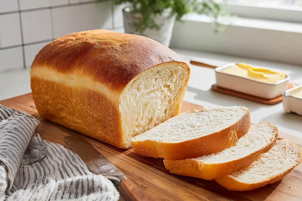 Freshly baked Amish white bread loaf sliced on a wooden board in modern kitchen