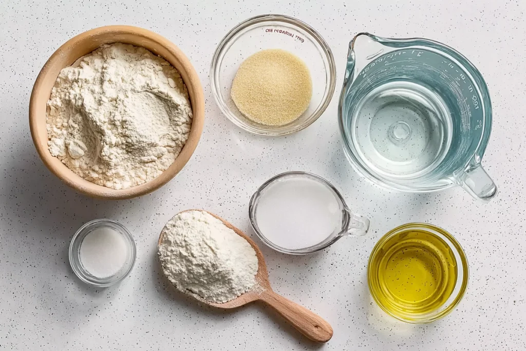 Overhead view of Amish white bread ingredients arranged neatly in glass bowls