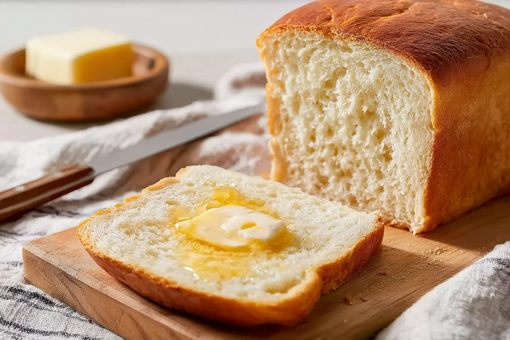Close-up of Amish white bread slice with melting butter on top
