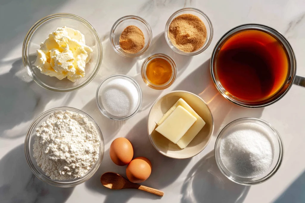 overhead shot of apple cider cheesecake cookie ingredients arranged on marble countertop