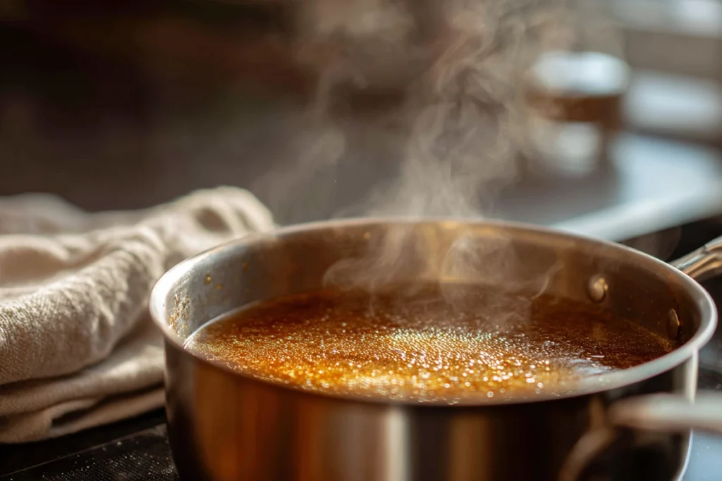 close-up of apple cider reduction simmering in saucepan