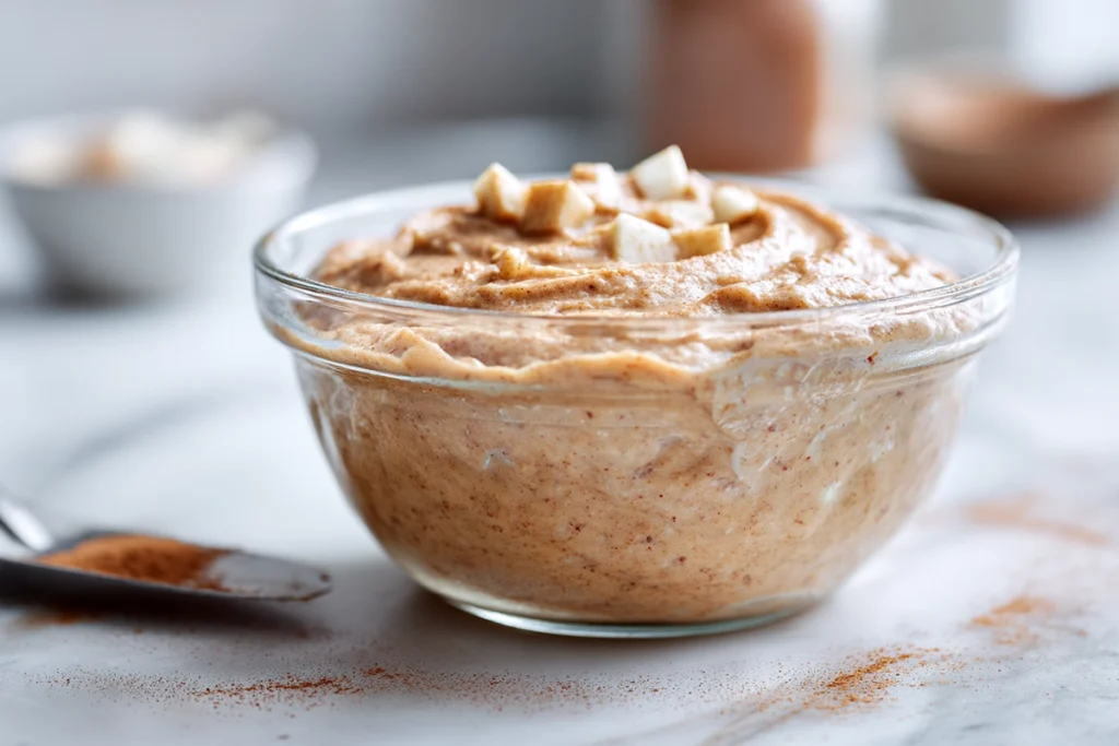 close-up of apple cinnamon bread batter with diced apples and cinnamon in mixing bowl