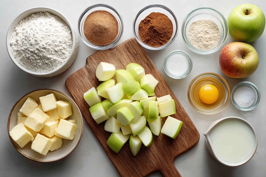 flatlay of apple cinnamon bread recipe ingredients in bowls and on cutting board