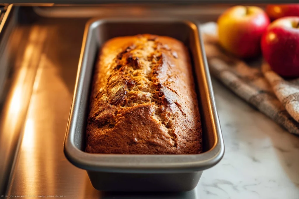 apple cinnamon bread baking in modern oven with soft natural light