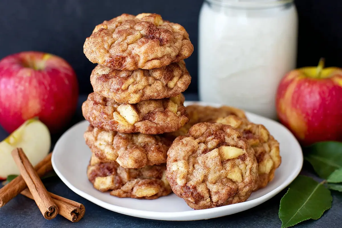 Chef Taha Ayad's Recipe Apple Cinnamon Oatmeal Cookies stacked on a plate with apples and cinnamon