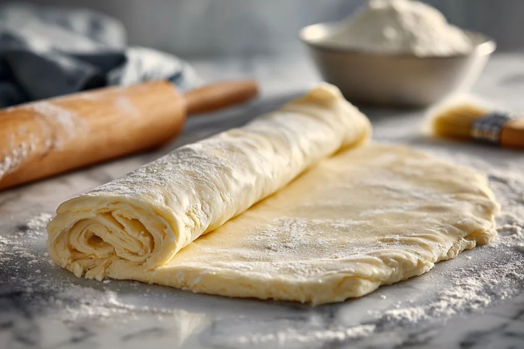 rolling apple slab pie dough on marble counter with natural light